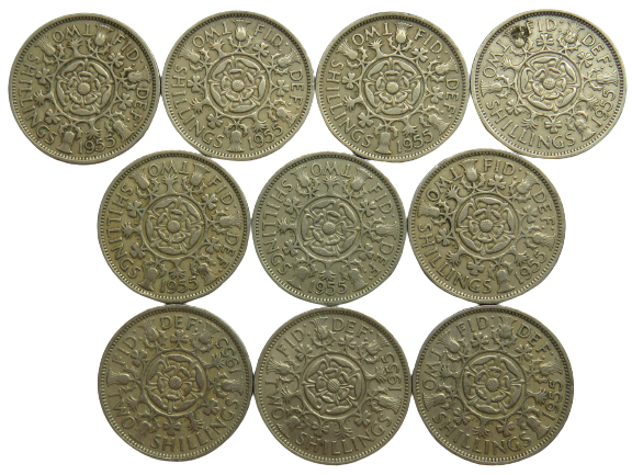 Bulk Lot of 10 x 1955 Queen Elizabeth II Florin / Two Shilling Coins