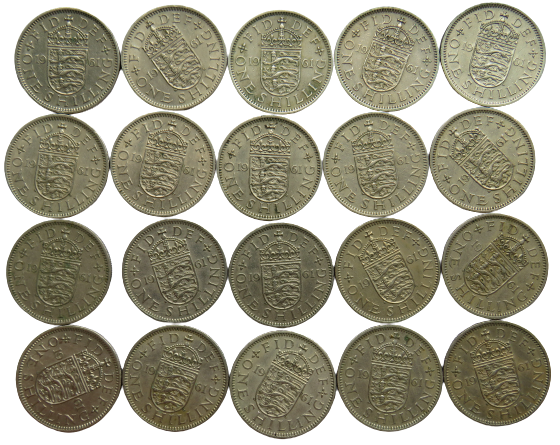 Bulk Lot of 20 x 1961 Queen Elizabeth II (English) Shilling Coins