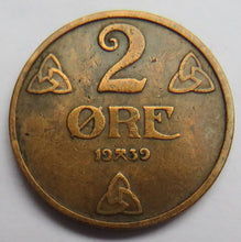 Load image into Gallery viewer, 1939 Norway 2 Ore Coin
