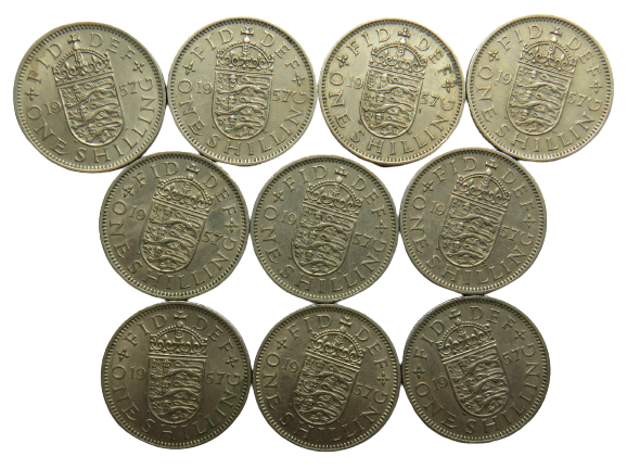 Bulk Lot of 10 x 1957 Queen Elizabeth II (English) Shilling Coins