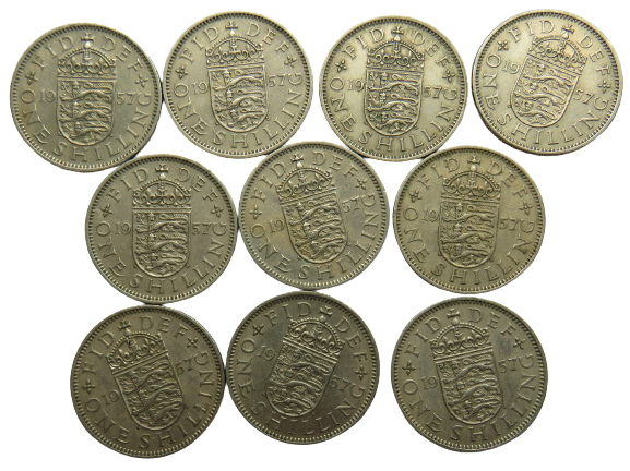 Bulk Lot of 10 x 1957 Queen Elizabeth II (English) Shilling Coins