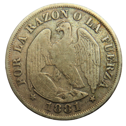 1881 Chile Silver 20 Centavos Coin