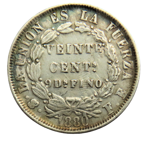 1880 Bolivia Silver 20 Centavos Coin