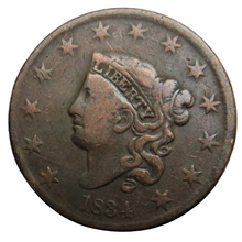 Load image into Gallery viewer, 1834 USA Coronet Head One Cent Coin
