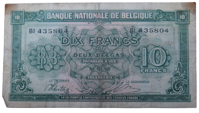 1948 Belgium 10 Francs Banknote