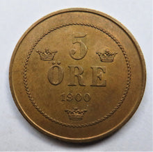 Load image into Gallery viewer, 1900 Sweden 5 Ore Coin In Higher Grade
