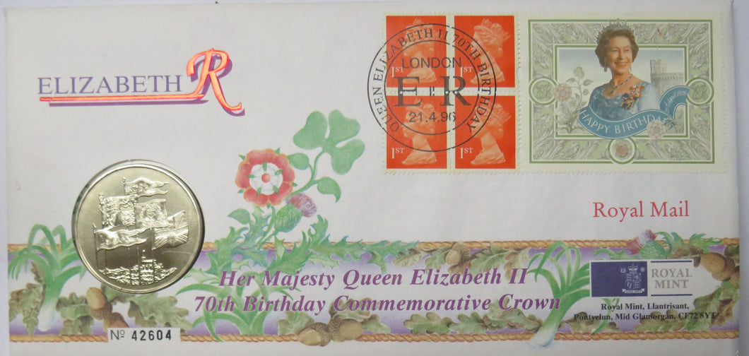 1996 Queen Elizabeth 70th Birthday £5 Five Pound Coin & Stamp Cover