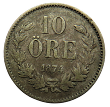 Load image into Gallery viewer, 1874 Sweden Silver 10 Ore Coin
