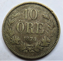 Load image into Gallery viewer, 1874 Sweden Silver 10 Ore Coin
