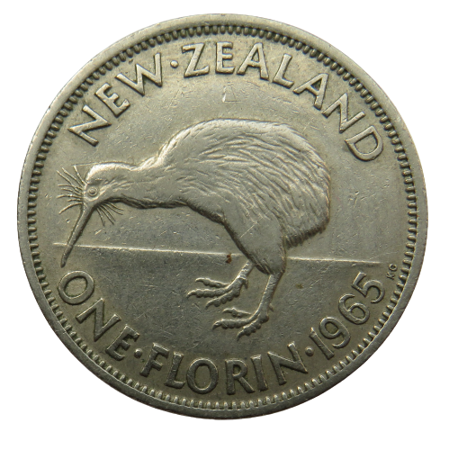 1965 Queen Elizabeth II New Zealand One Florin Coin