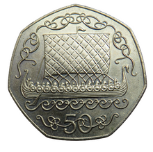 Load image into Gallery viewer, 1980 Isle of Man Fifty Pence Coin Viking Longboat
