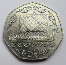 Load image into Gallery viewer, 1980 Isle of Man Fifty Pence Coin Viking Longboat
