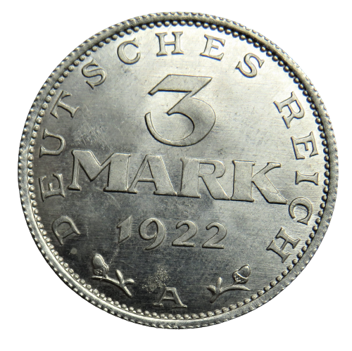 1922-A Germany Weimar Republic 3 Mark Coin Unc