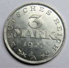 Load image into Gallery viewer, 1922-A Germany Weimar Republic 3 Mark Coin Unc
