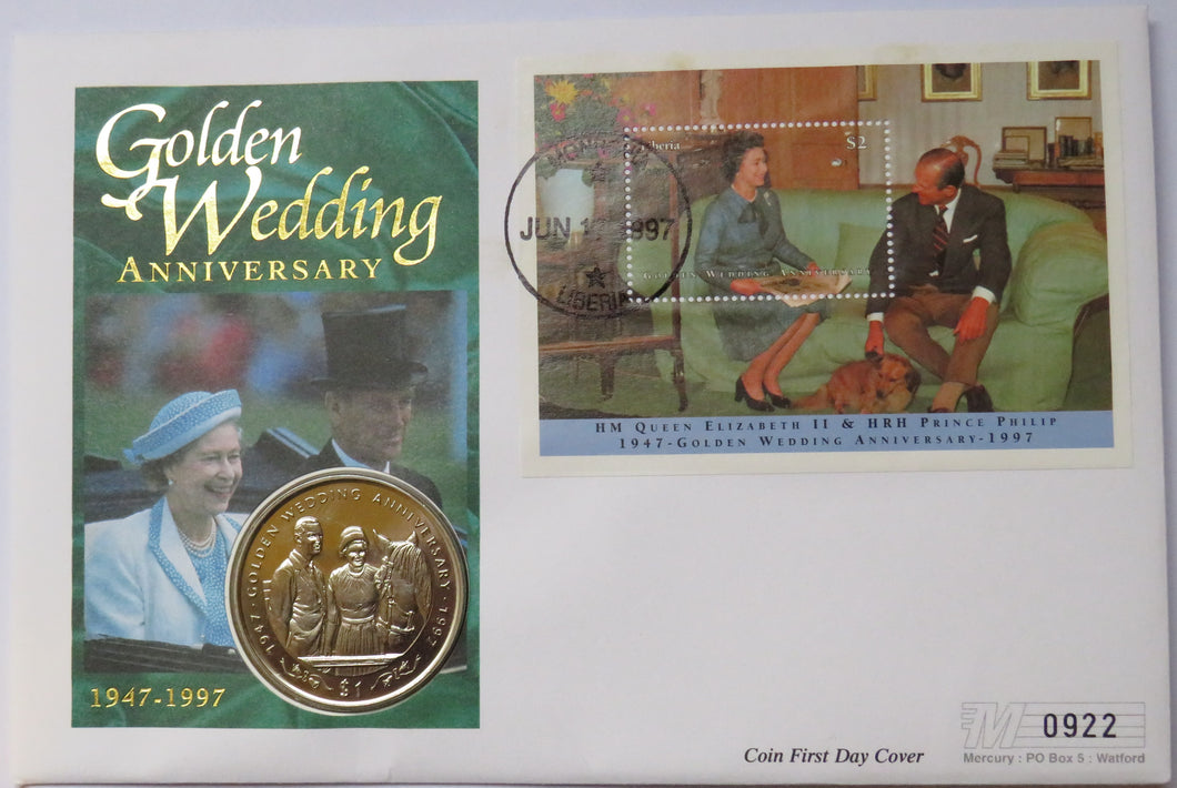 1997 Liberia $1 Coin & Stamp Cover Golden Wedding Anniversary