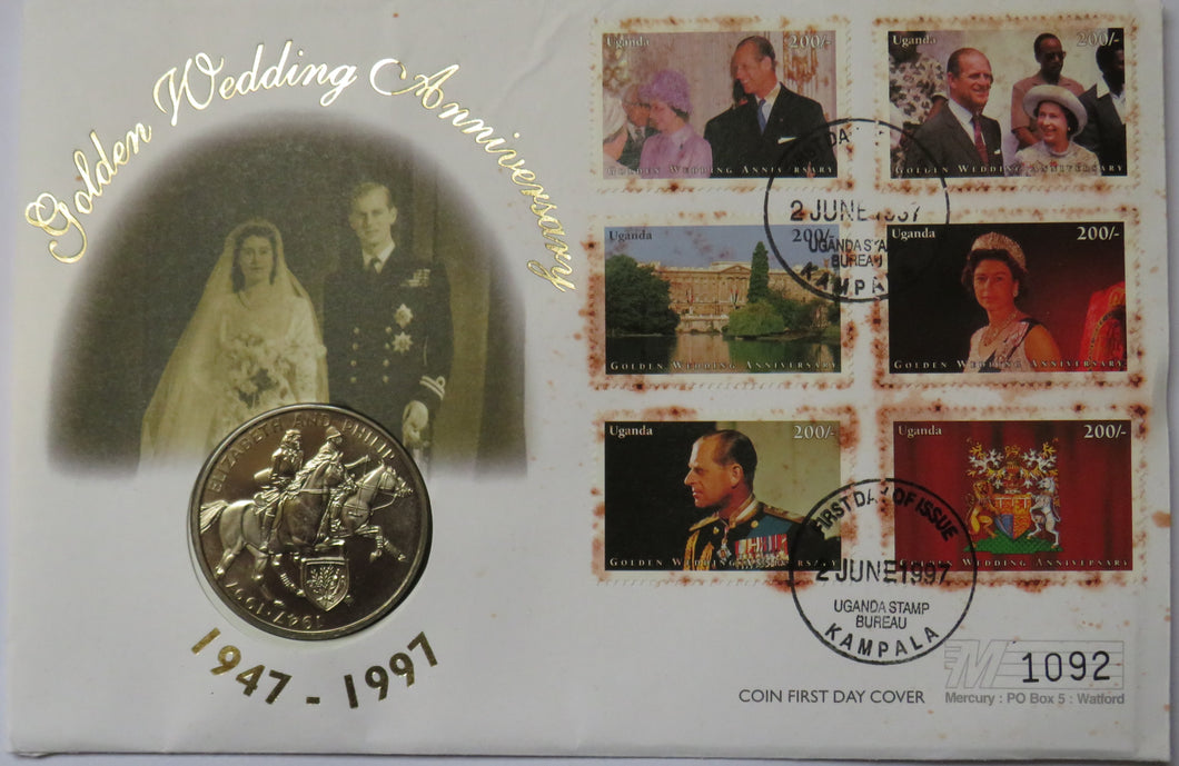 1997 Uganda 2000 Shillings Coin & Stamp Cover Golden Wedding