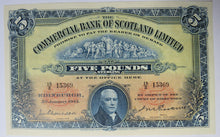 Load image into Gallery viewer, 1943 The Commercial Bank Of Scotland £5 Five Pound Banknote GVF
