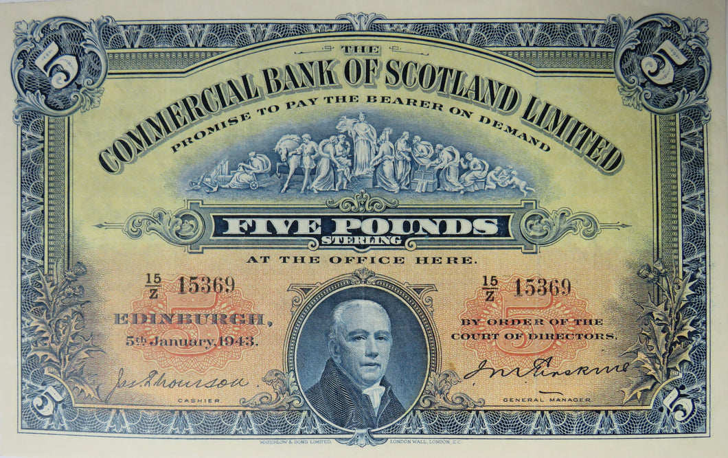 1943 The Commercial Bank Of Scotland £5 Five Pound Banknote GVF