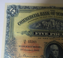 Load image into Gallery viewer, 1943 The Commercial Bank Of Scotland £5 Five Pound Banknote GVF
