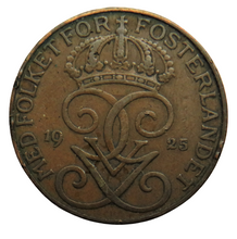 Load image into Gallery viewer, 1925 Sweden 5 Ore Coin
