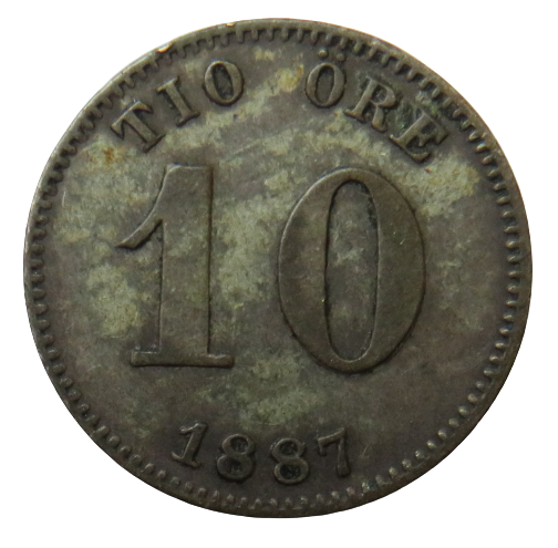 1887 Sweden Silver 10 Ore Coin