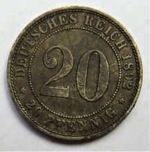 Load image into Gallery viewer, 1892-A German Empire 20 Pfennig Coin
