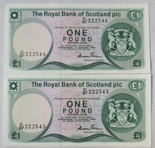 Load image into Gallery viewer, Pair Of Consecutive 1984 The Royal Bank Of Scotland £1 Notes C/87
