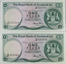 Load image into Gallery viewer, Pair Of Consecutive 1984 The Royal Bank Of Scotland £1 Notes C/87
