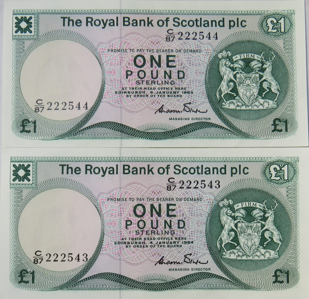 Pair Of Consecutive 1984 The Royal Bank Of Scotland £1 Notes C/87