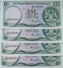 Load image into Gallery viewer, 4 Consecutive 1986 The Royal Bank Of Scotland £1 Notes D/65
