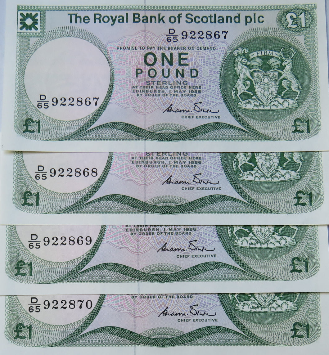 4 Consecutive 1986 The Royal Bank Of Scotland £1 Notes D/65