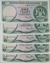 Load image into Gallery viewer, 5 Consecutive 1984 The Royal Bank Of Scotland £1 Notes C87
