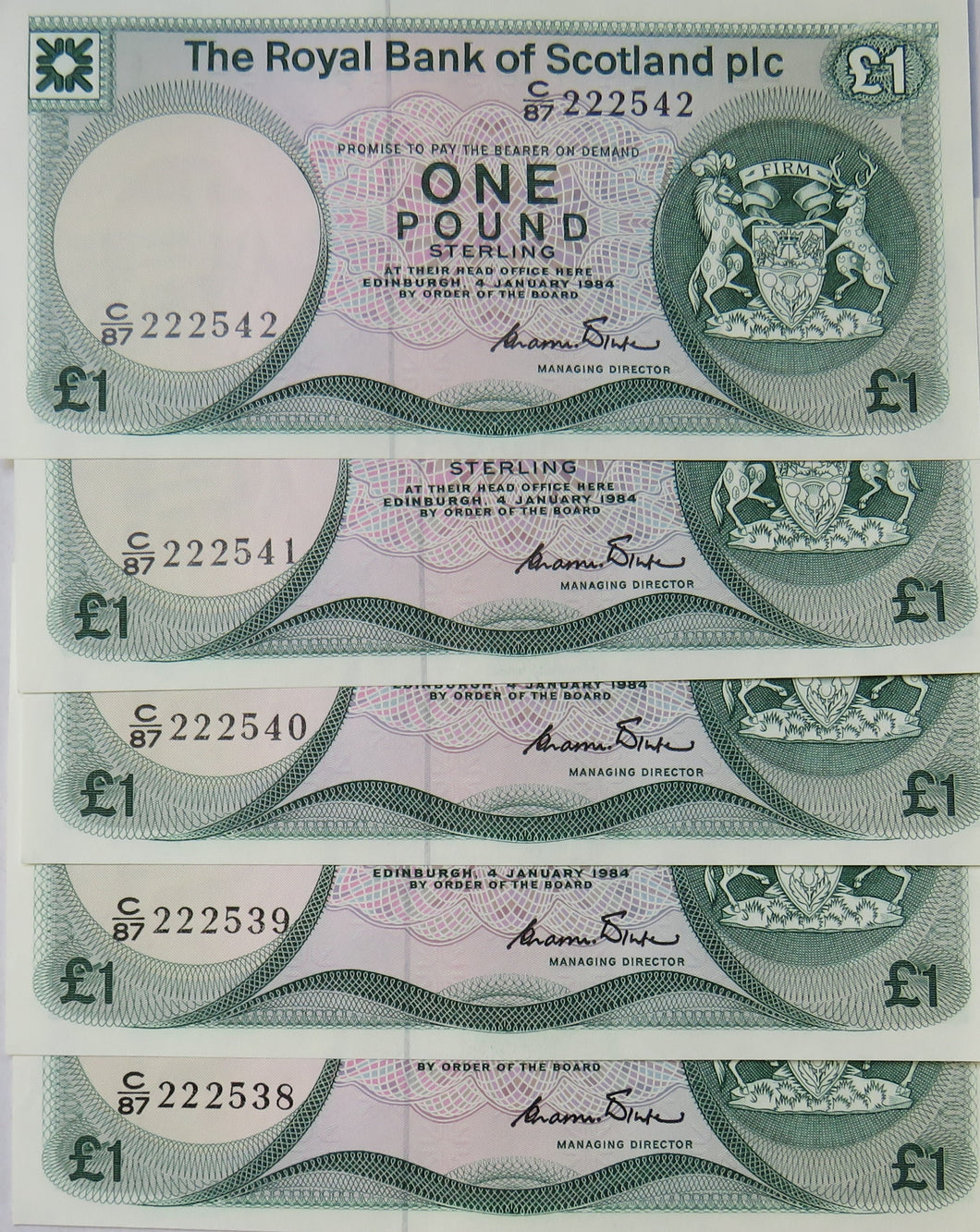 5 Consecutive 1984 The Royal Bank Of Scotland £1 Notes C87