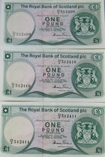 Load image into Gallery viewer, 3 Consecutive 1984 The Royal Bank Of Scotland £1 Notes D/4
