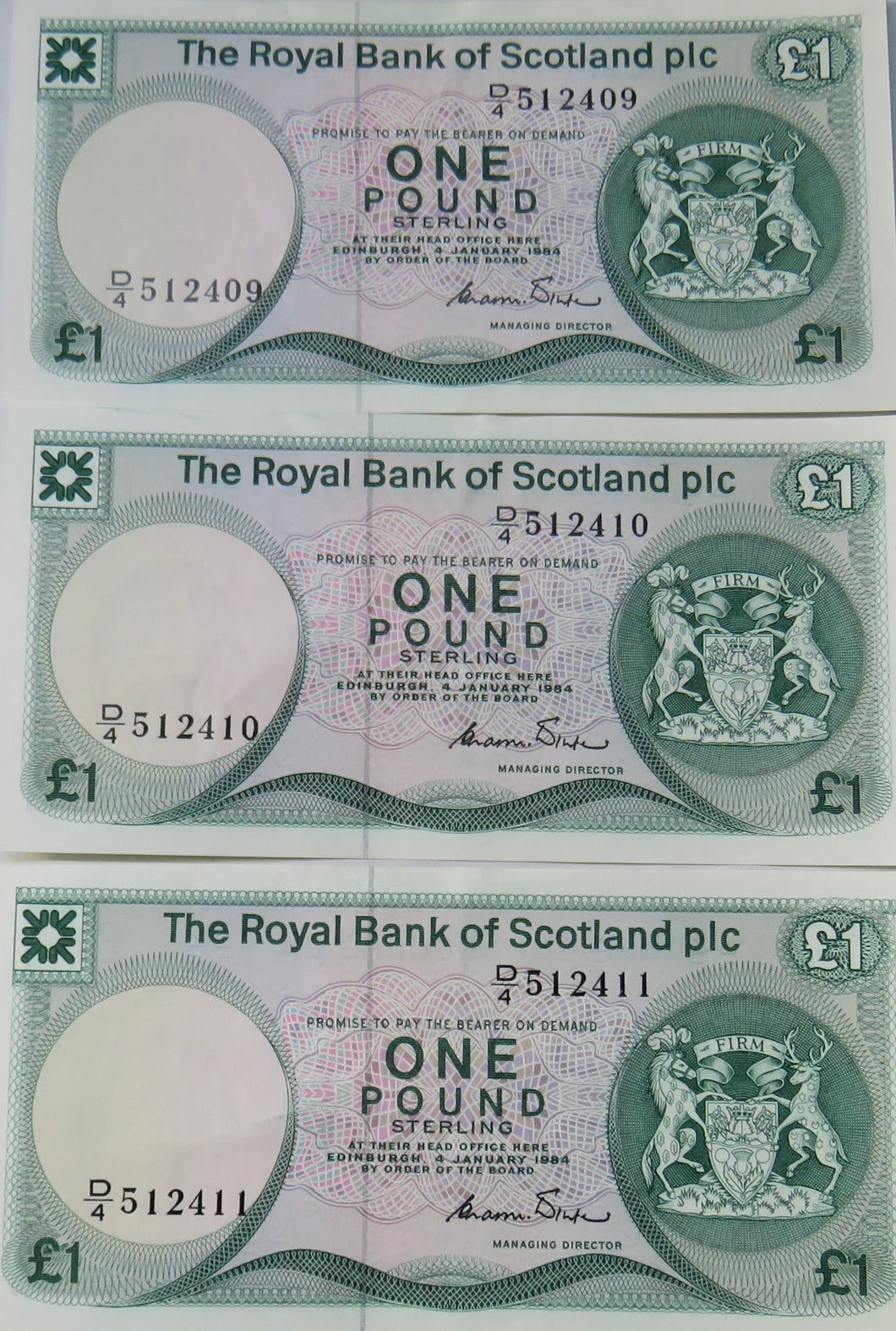 3 Consecutive 1984 The Royal Bank Of Scotland £1 Notes D/4