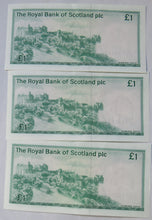 Load image into Gallery viewer, 3 Consecutive 1984 The Royal Bank Of Scotland £1 Notes D/4
