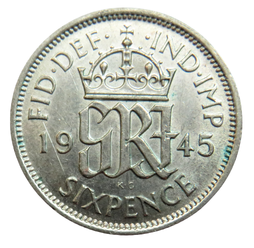 1945 King George VI Silver Sixpence Coin