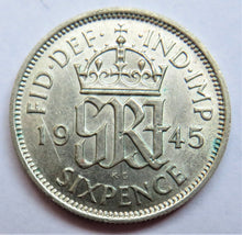 Load image into Gallery viewer, 1945 King George VI Silver Sixpence Coin
