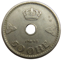 Load image into Gallery viewer, 1948 Norway 50 Ore Coin
