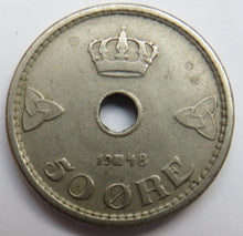 Load image into Gallery viewer, 1948 Norway 50 Ore Coin
