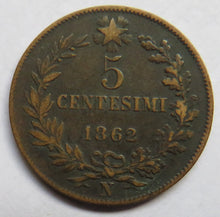 Load image into Gallery viewer, 1862-N Italy 5 Centesimi Coin
