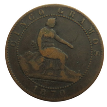 Load image into Gallery viewer, 1870 Spain 5 Centimos Coin
