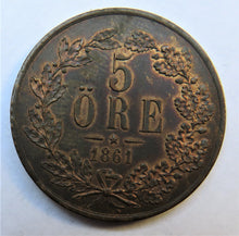 Load image into Gallery viewer, 1861 Sweden 5 Ore Coin In Higher Grade
